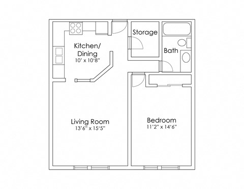 Floor plan for 1 bed, 1 bath, 570 sqft